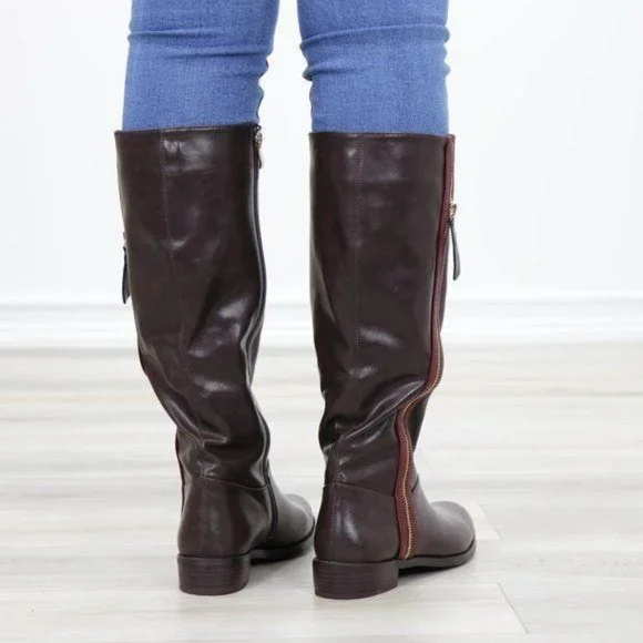 Brown Below Knee Rider Boots Light Faux Fur Inside - Picture 8 of 11